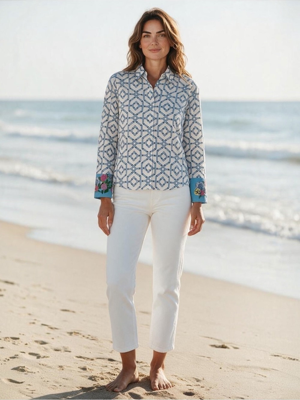Tizzie Geometric Trellis Button Down Shirt with Floral Cuffs - Size S